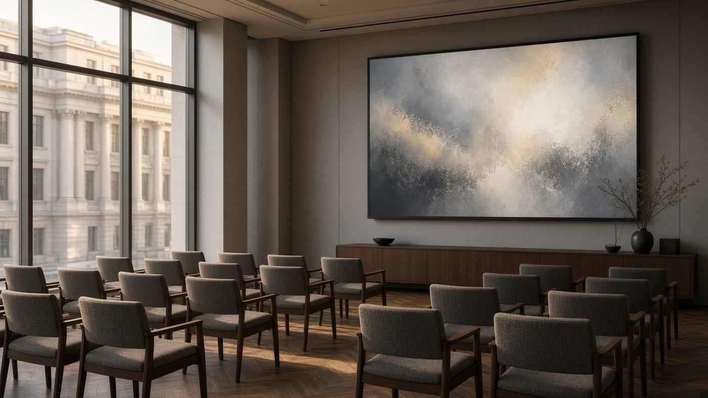 An empty London viewing room with a digital artwork on the far wall