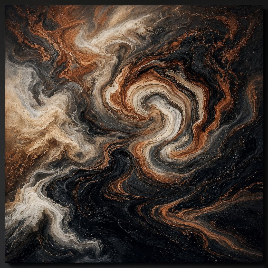 Close photograph of a generative painting in copper, bone and ink-black