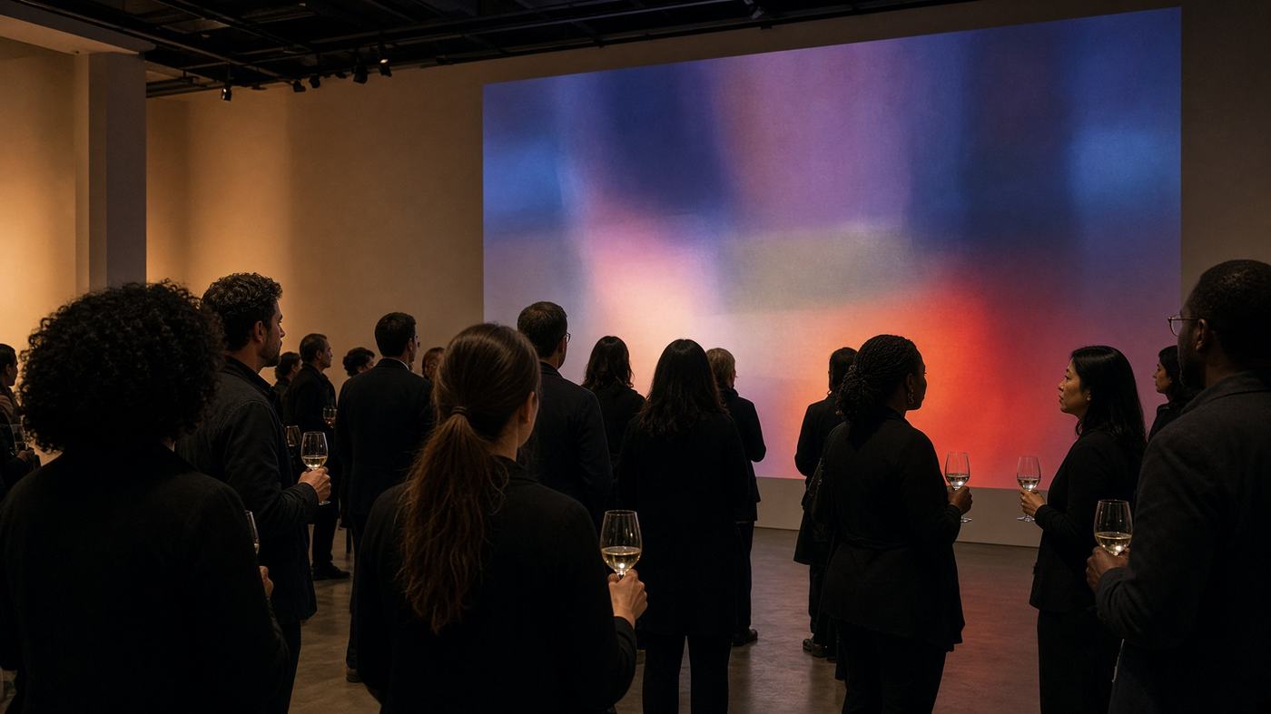 A private view crowd watching a large digital projection