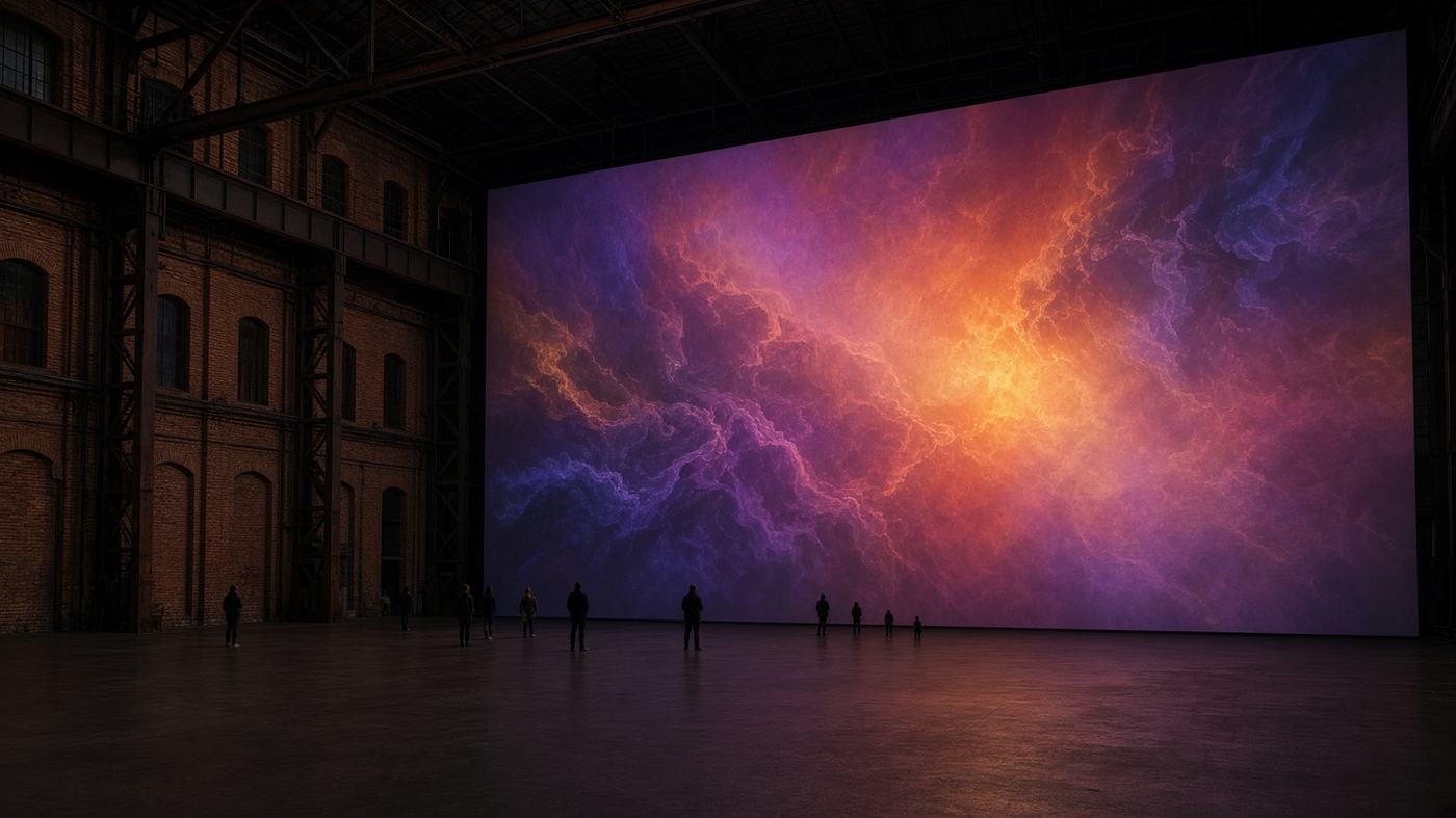 A warehouse-scale digital projection with visitors as silhouettes