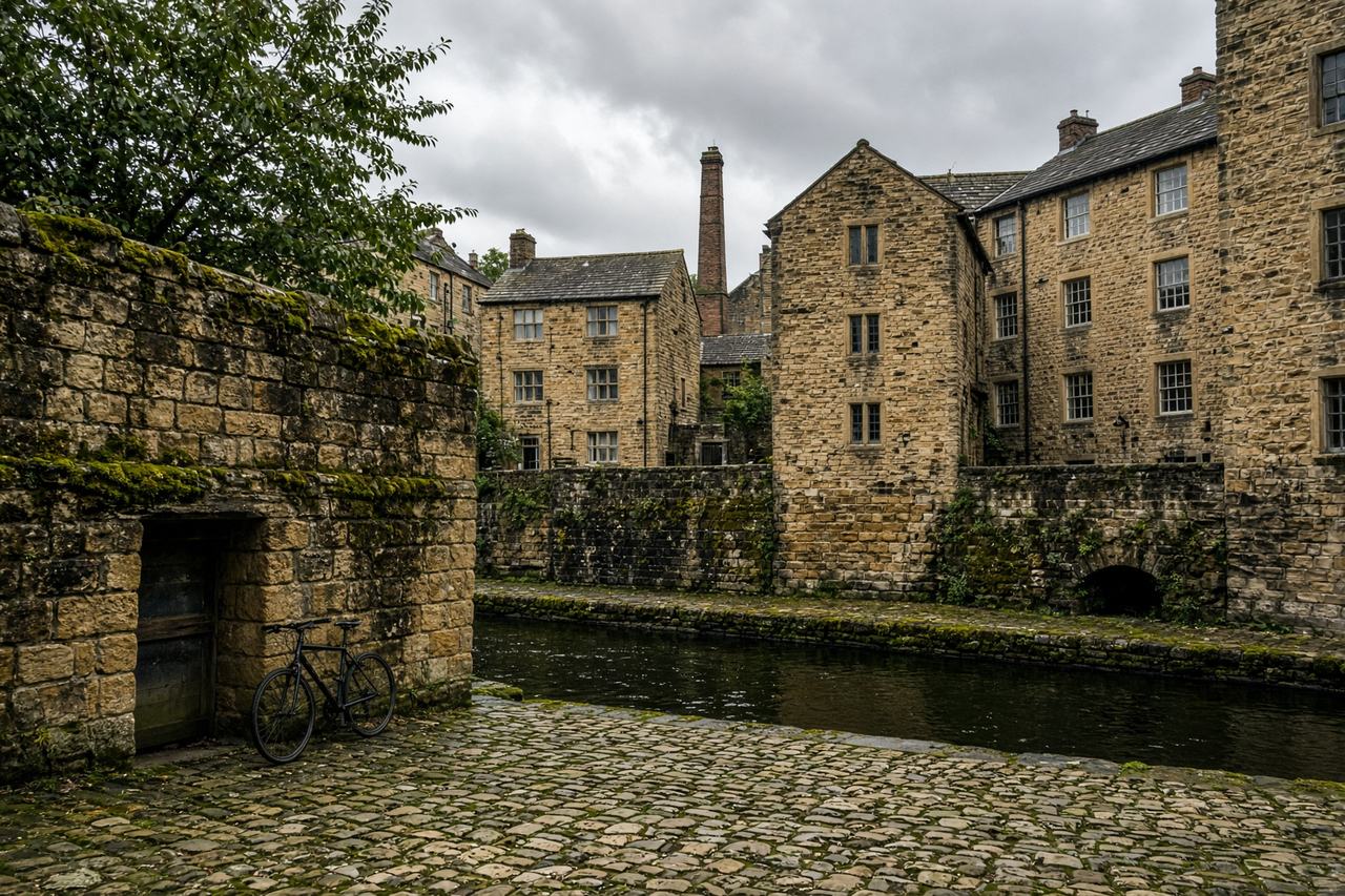 Sandstone mill buildings and cobbles in a Cumbrian yard