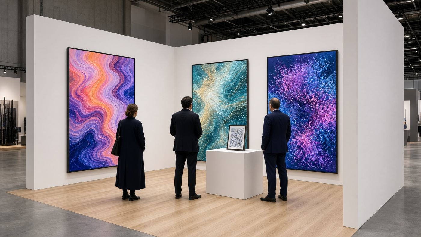 Visitors browsing screens of generative art in a London exhibition hall