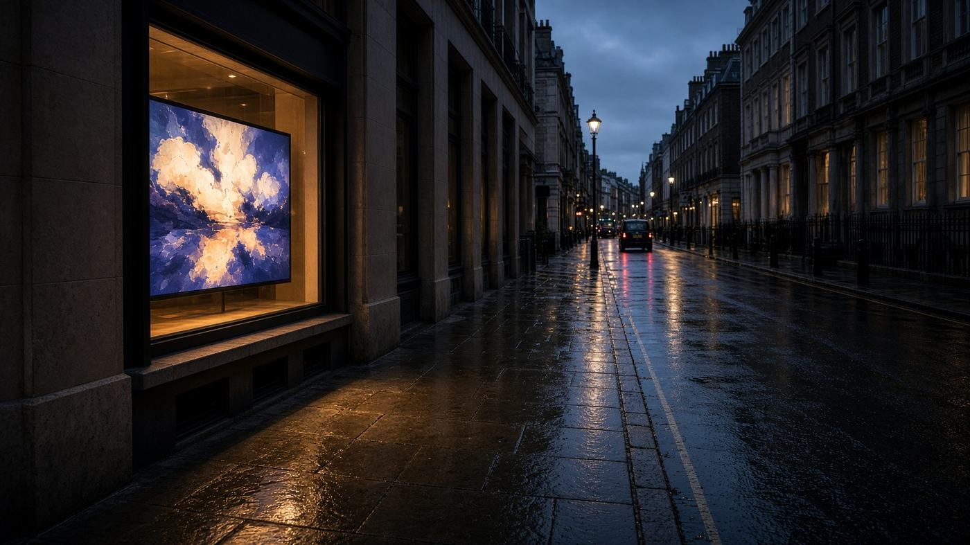 A Mayfair gallery window glowing onto wet pavement at dusk