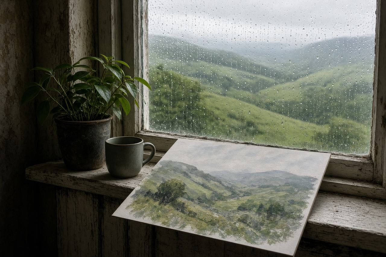 Rain on a studio window looking out over Cumbrian hills