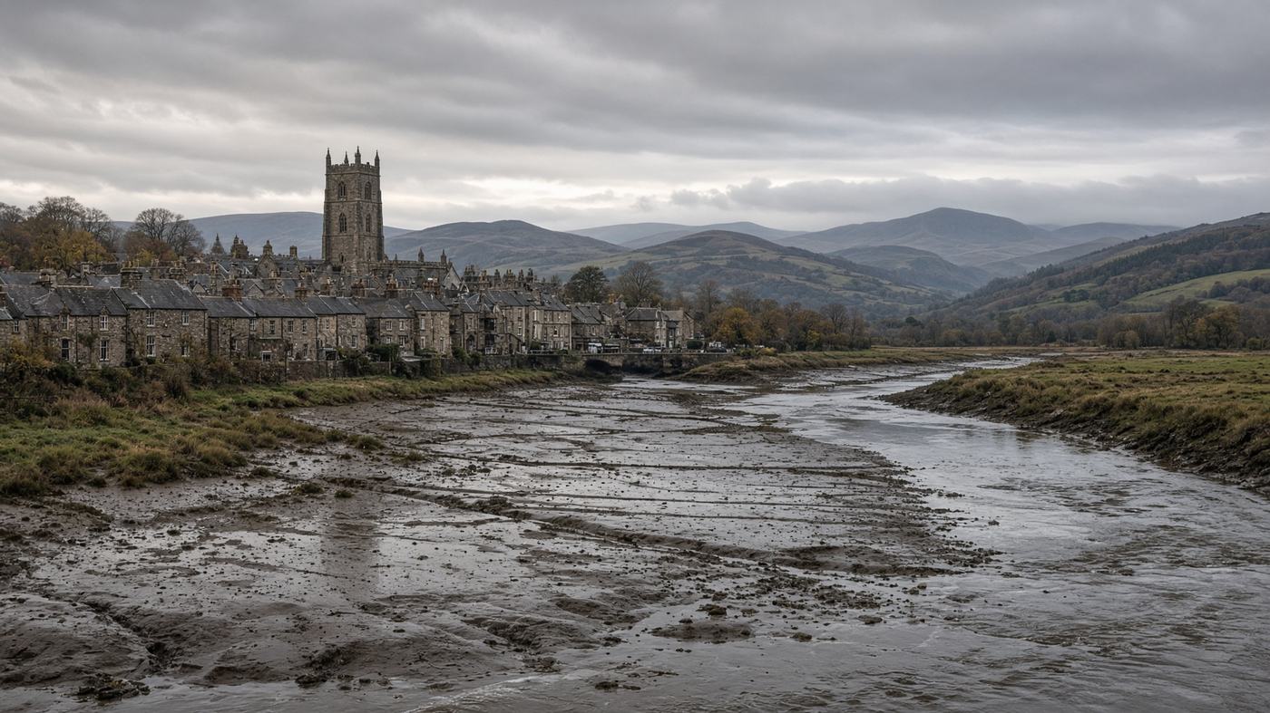 A Cumbrian river at low tide with stone buildings and a church tower