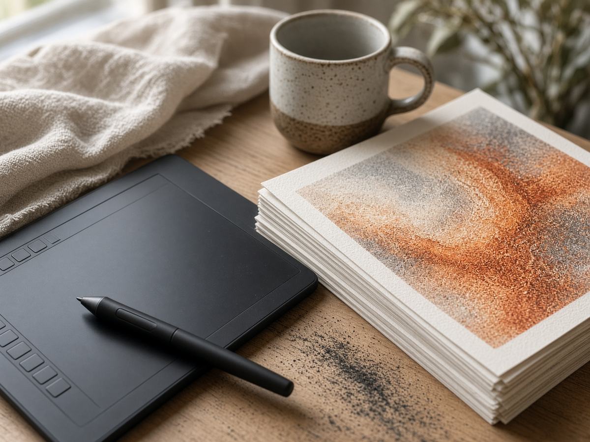 An artist's desk with tablet, pigment prints and a ceramic mug