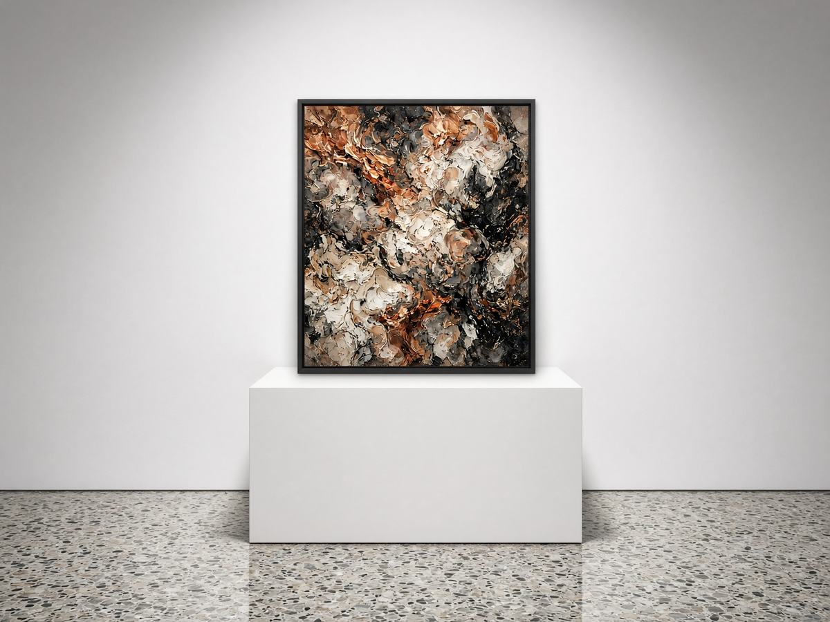 A framed screen on a gallery plinth displaying generative art