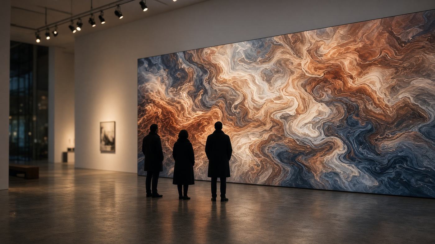 Visitors in a London gallery standing before a large generative LED artwork
